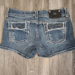 Miss Me Studded Crochet-Trim Distressed Denim Shorts - Blue Size 30